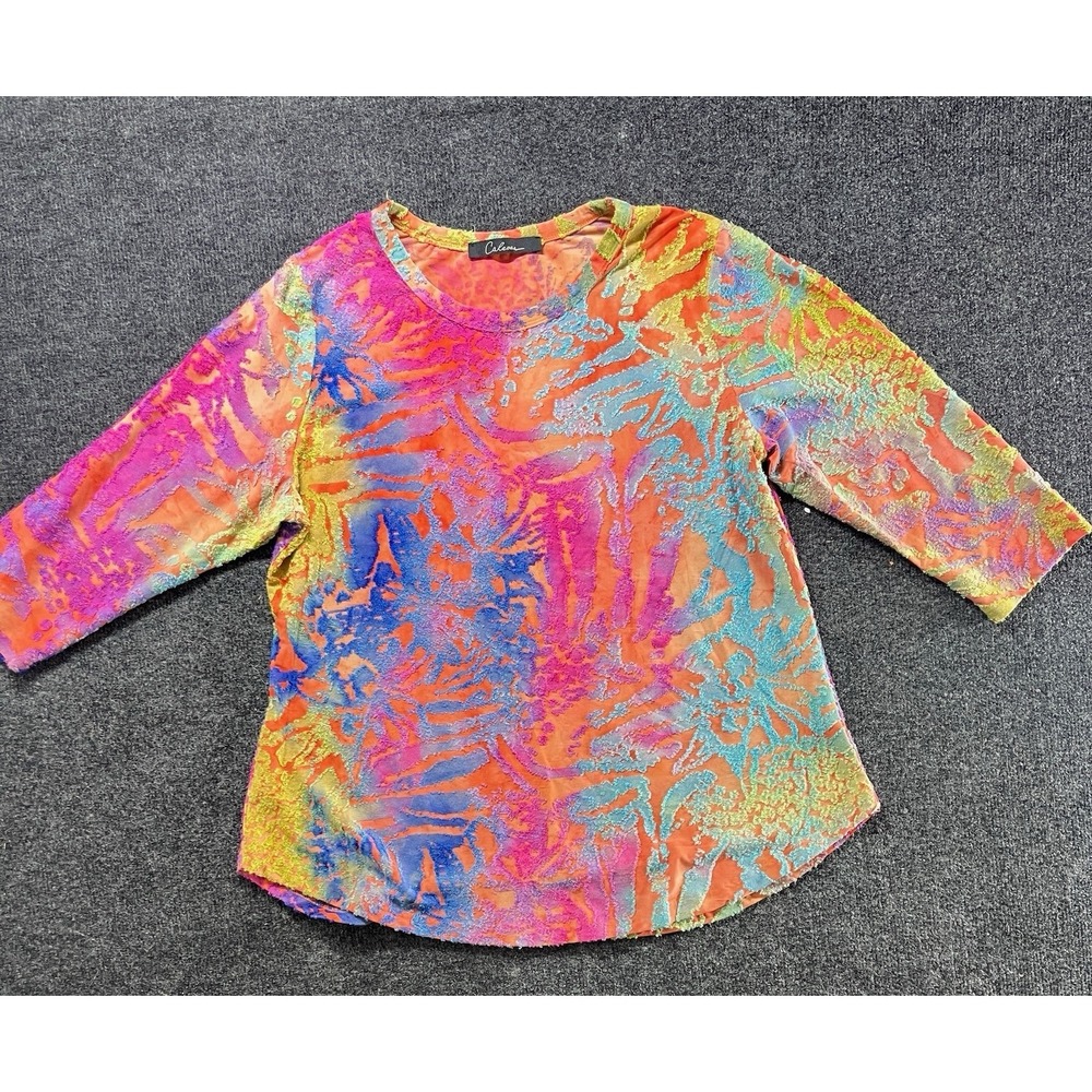 Caleooa Tie Dye Tunic Top Womens L 3/4 Sleeve Colorful Artsy Festival Lisa Frank